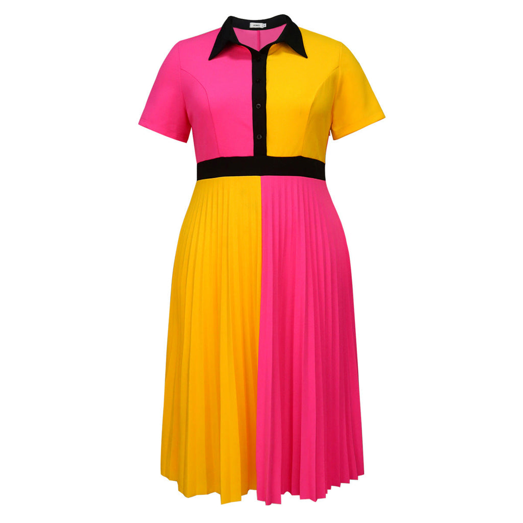 Robe plissée à col à revers et blocs de couleur contrastés Mirla