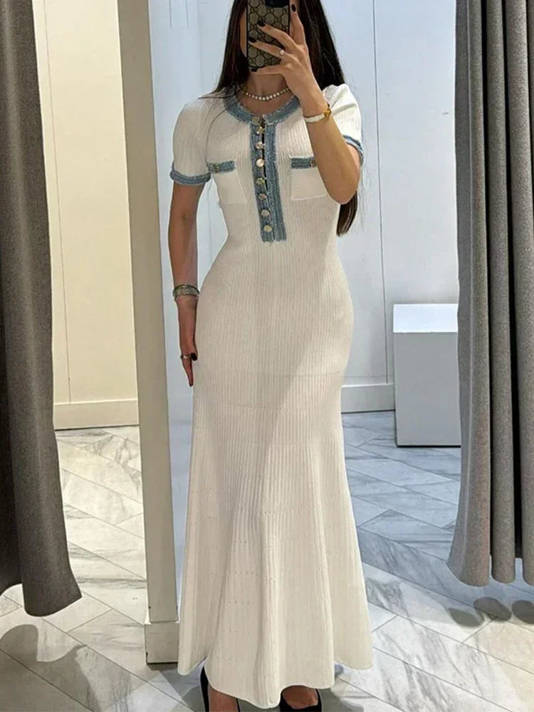 Robe Maxi Tricotée Blanche à Côtes – Robe d'Été Élégante à Manches Courtes pour Femmes