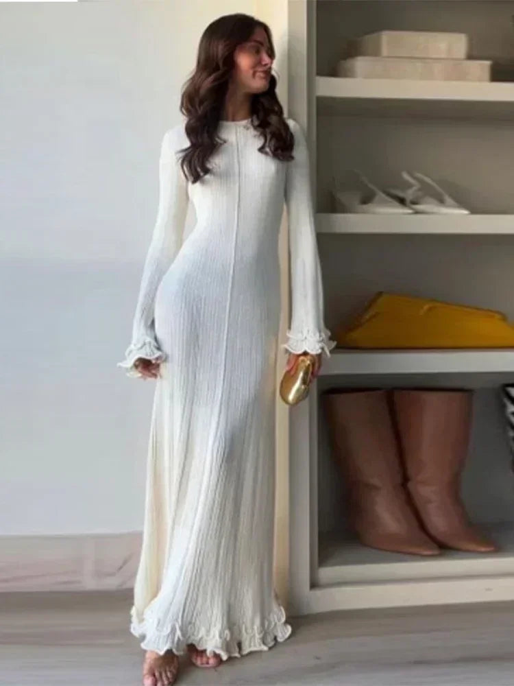 Robe Maxi Tricotée Blanche à Côtes – Robe d'Été Élégante à Manches Courtes pour Femmes