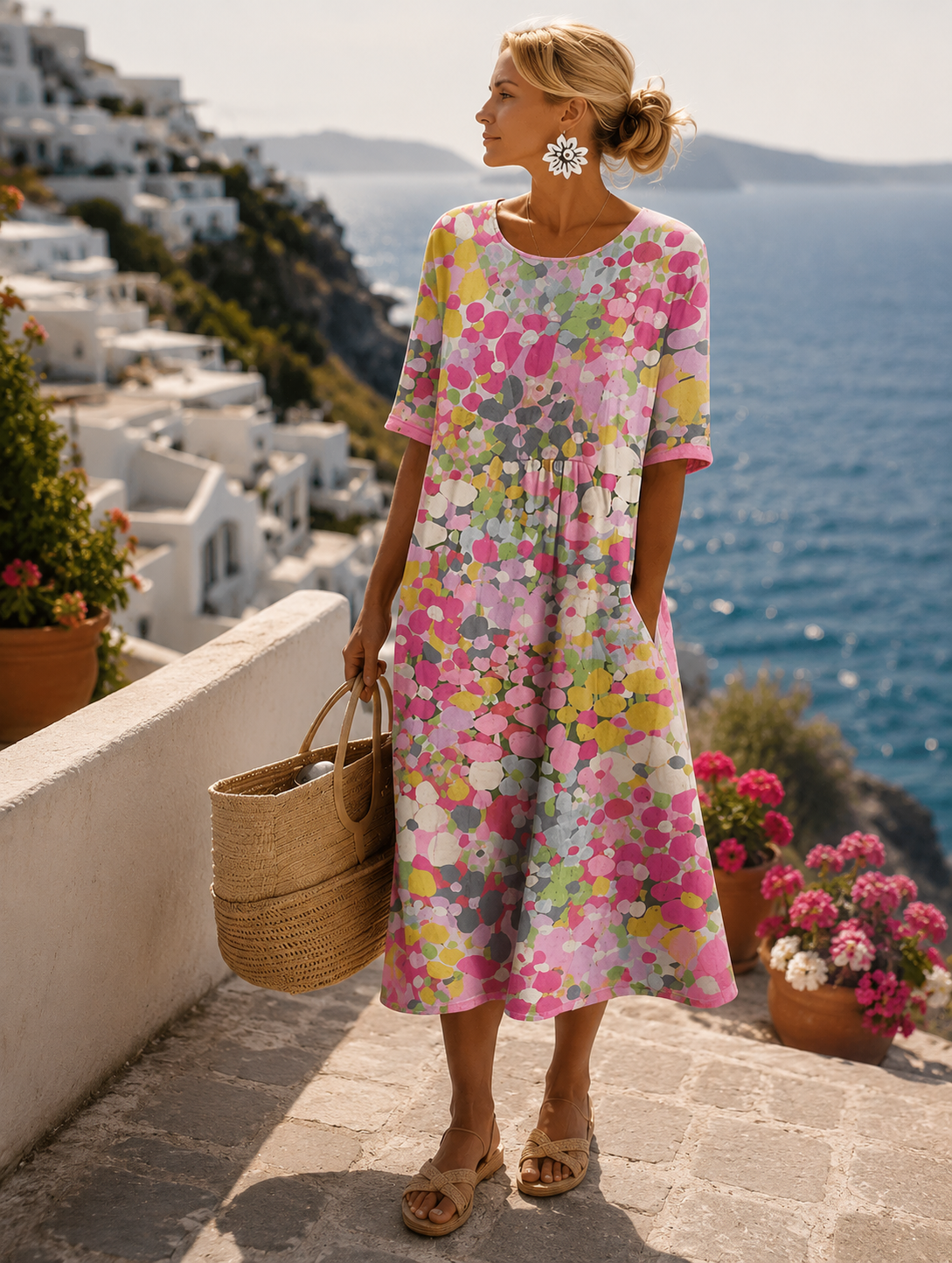 Robe d'été midi pour femmes | Motif floral coloré & coupe A-line décontractée