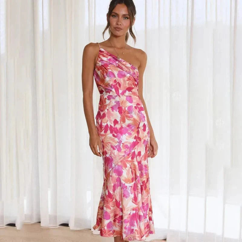 Robe de cocktail florale élégante à une épaule