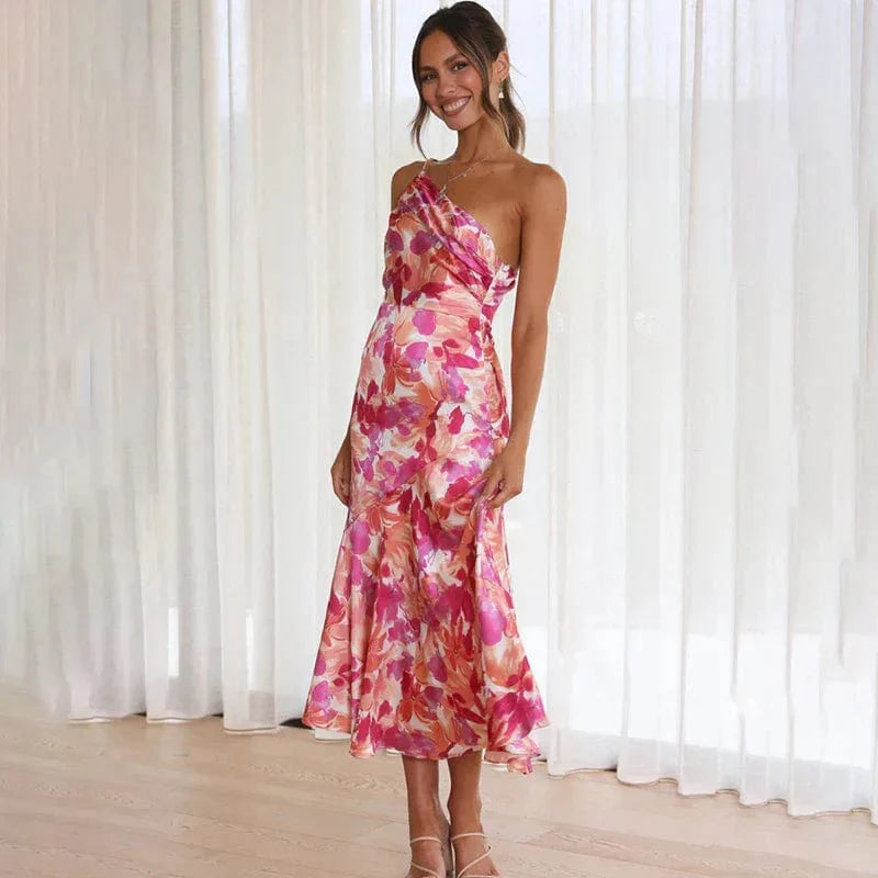 Robe de cocktail florale élégante à une épaule