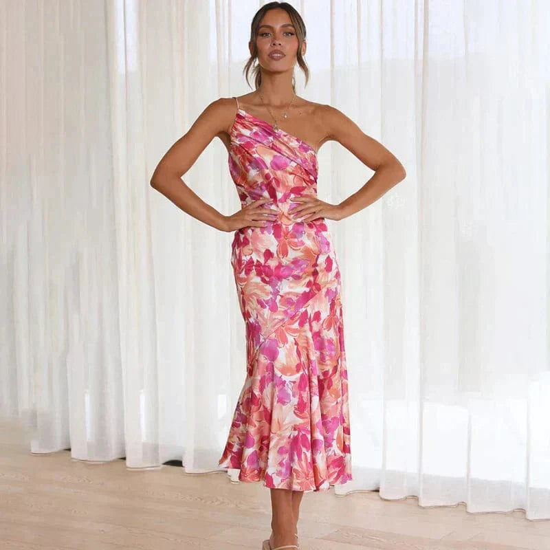 Robe de cocktail florale élégante à une épaule