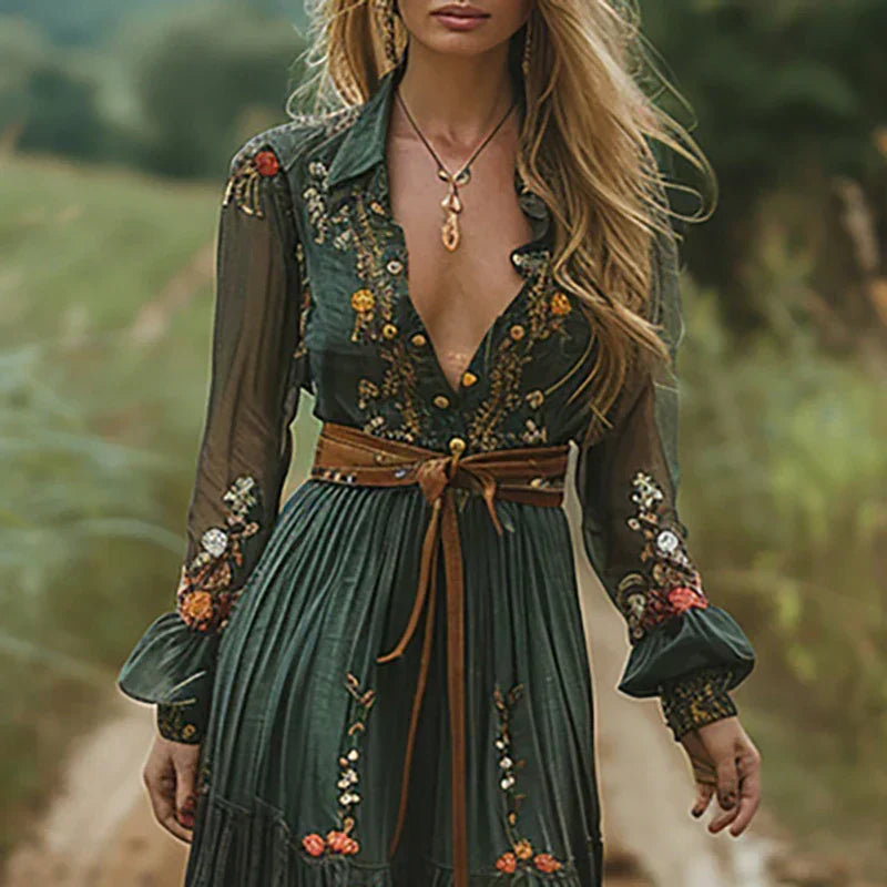 Robe Maxi à Col V Brodée Bohémienne pour Femmes