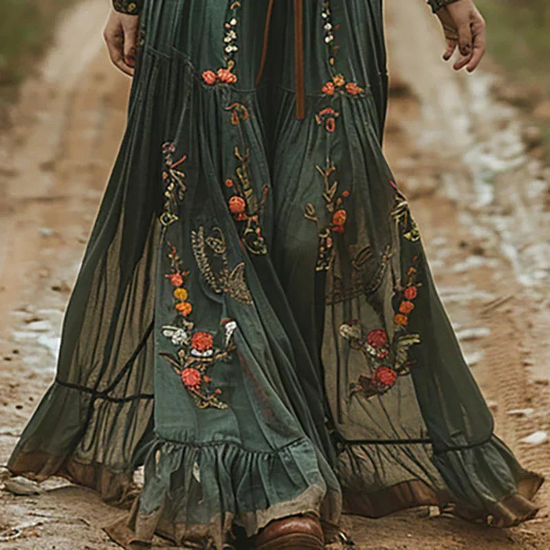 Robe Maxi à Col V Brodée Bohémienne pour Femmes