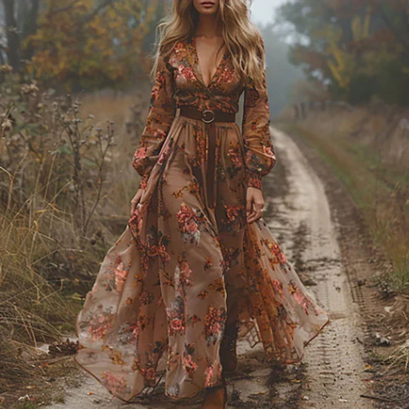 Robe Maxi à Col V Brodée Bohémienne pour Femmes
