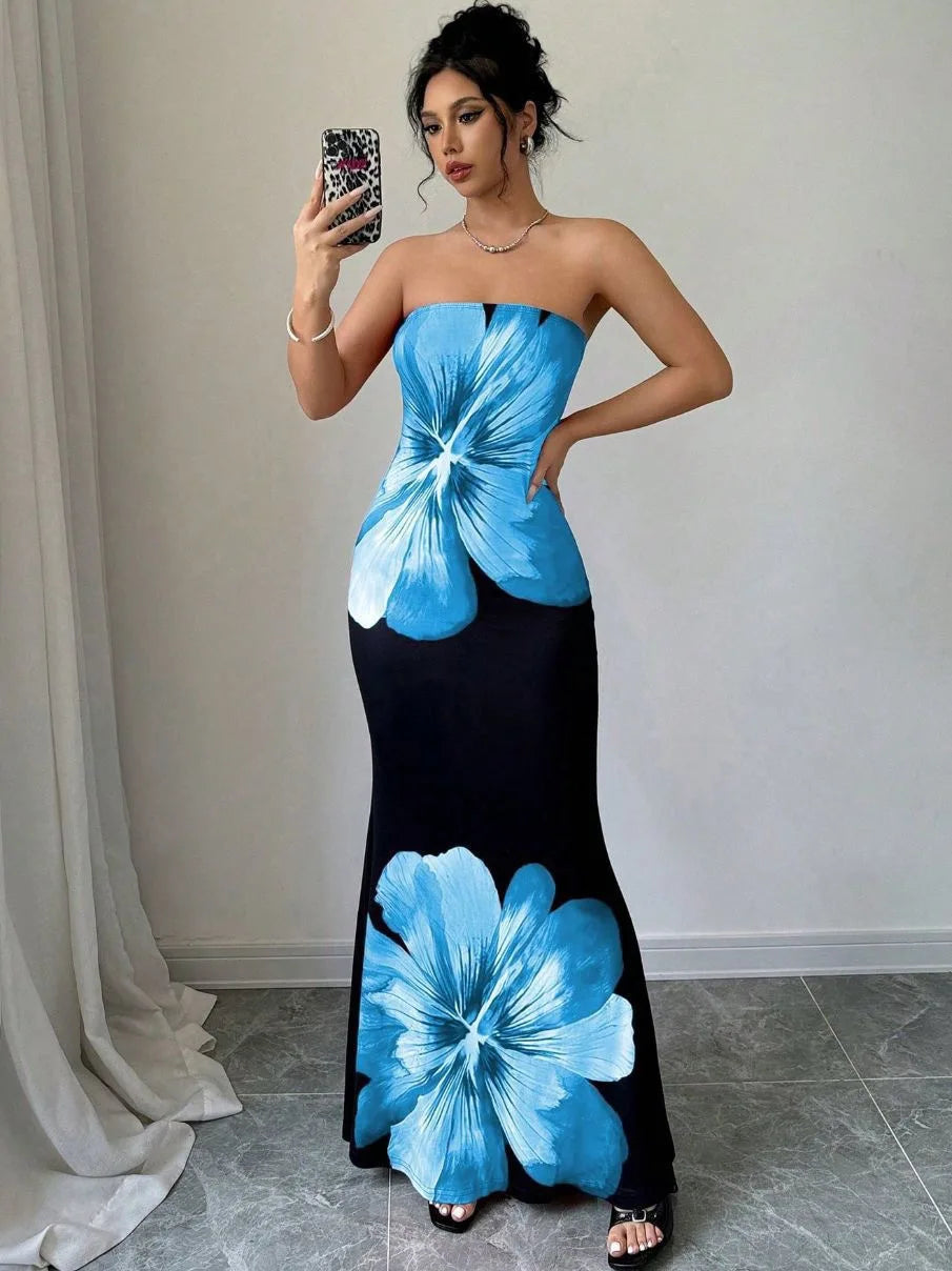 Robe Maxi Fleurie Sans Bretelles – Robe de Soirée Élégante pour Femmes