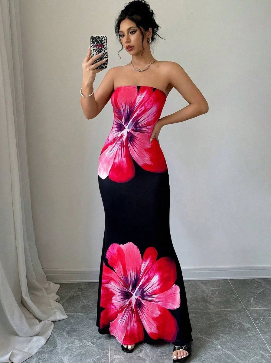Robe Maxi Fleurie Sans Bretelles – Robe de Soirée Élégante pour Femmes
