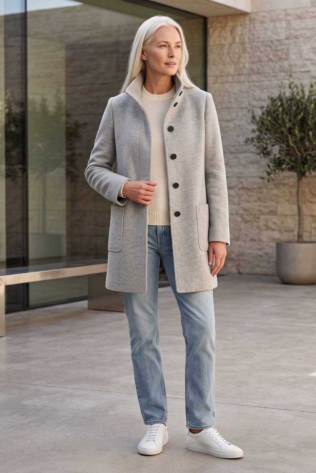 Manteau long à col classique avec boutons élégants