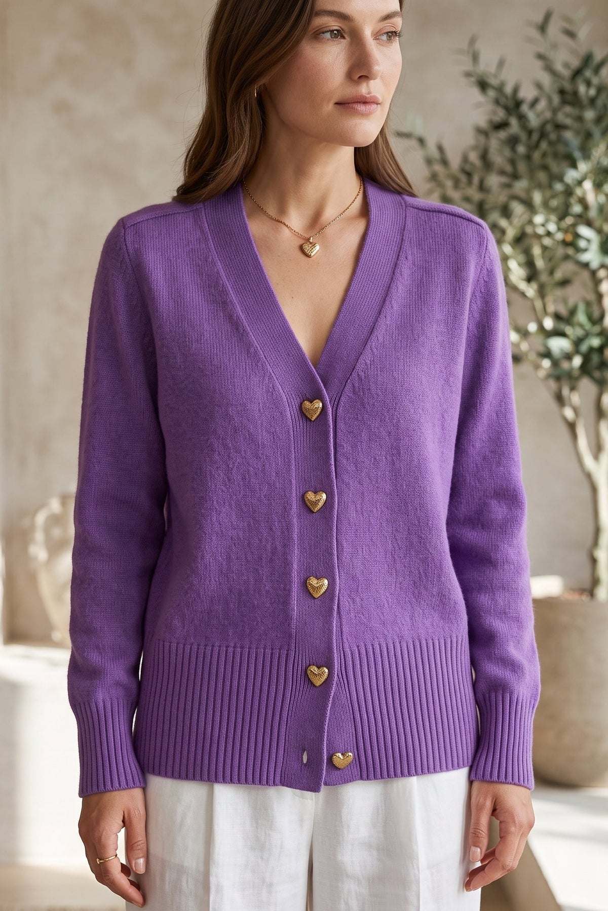 Cardigan Élégant à Col V avec Boutons en Forme de Cœur