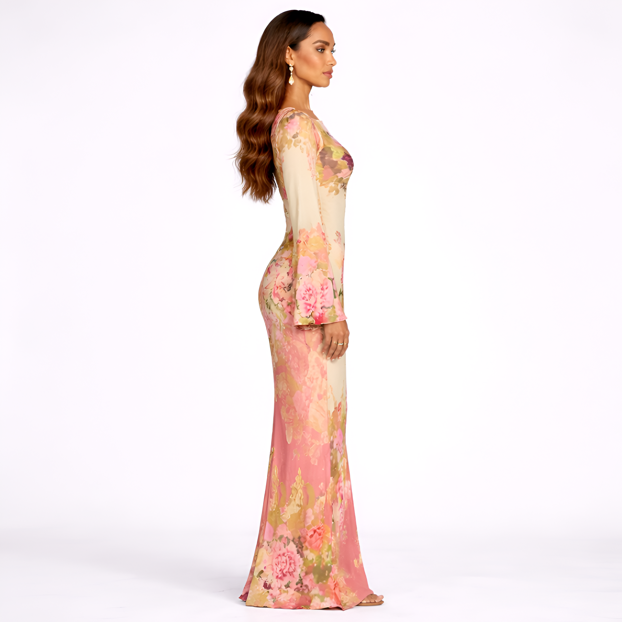Corrine - Robe longue ajustée à manches évasées et imprimé floral