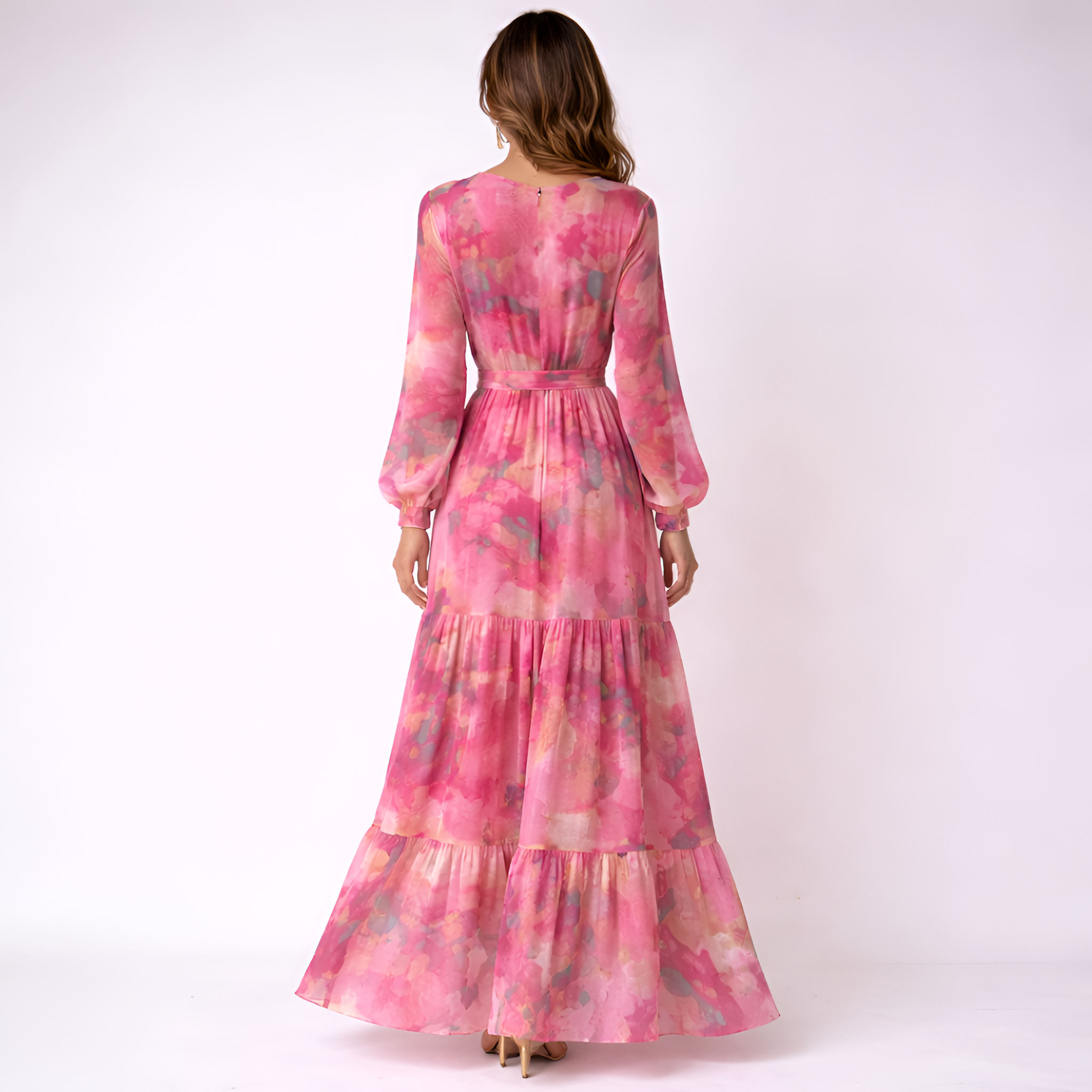 Assia - Robe longue bohème à fleurs, col en V et plis, coupe A élégante