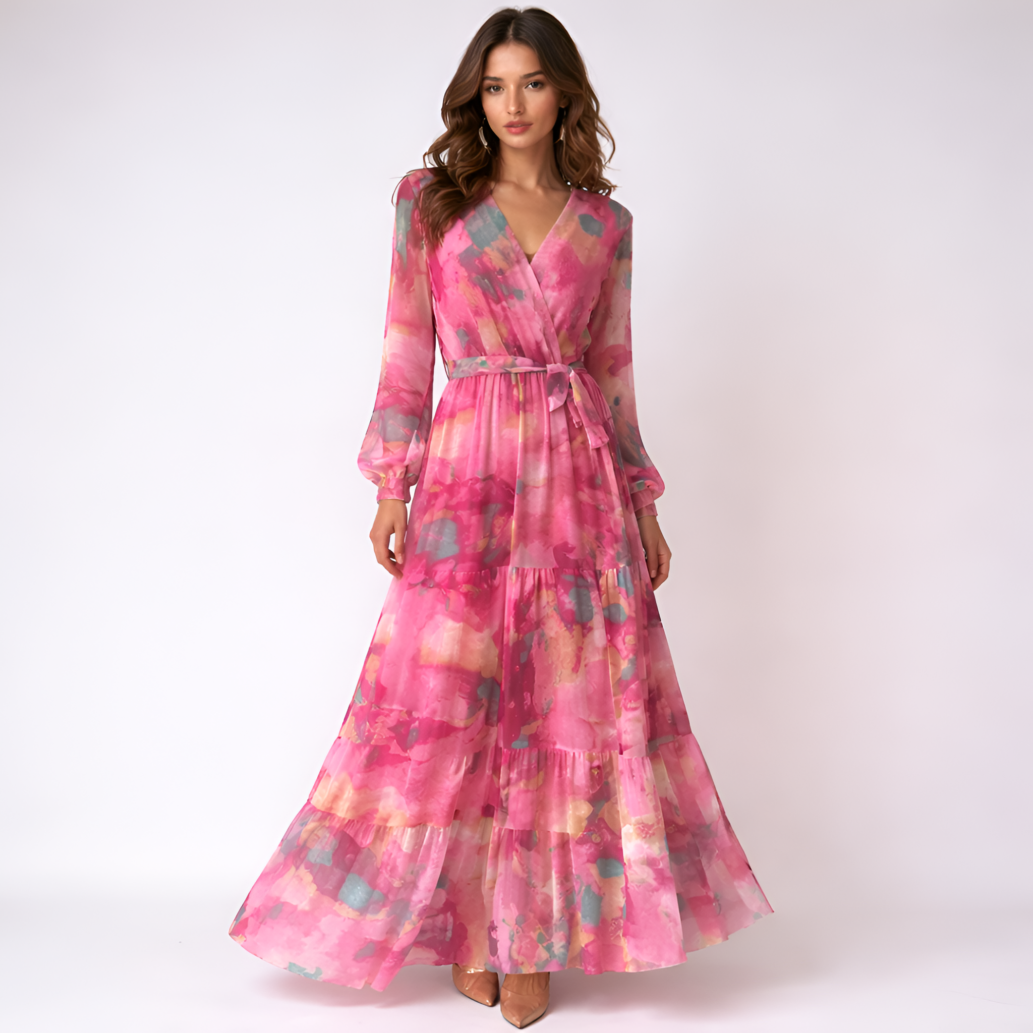 Assia - Robe longue bohème à fleurs, col en V et plis, coupe A élégante