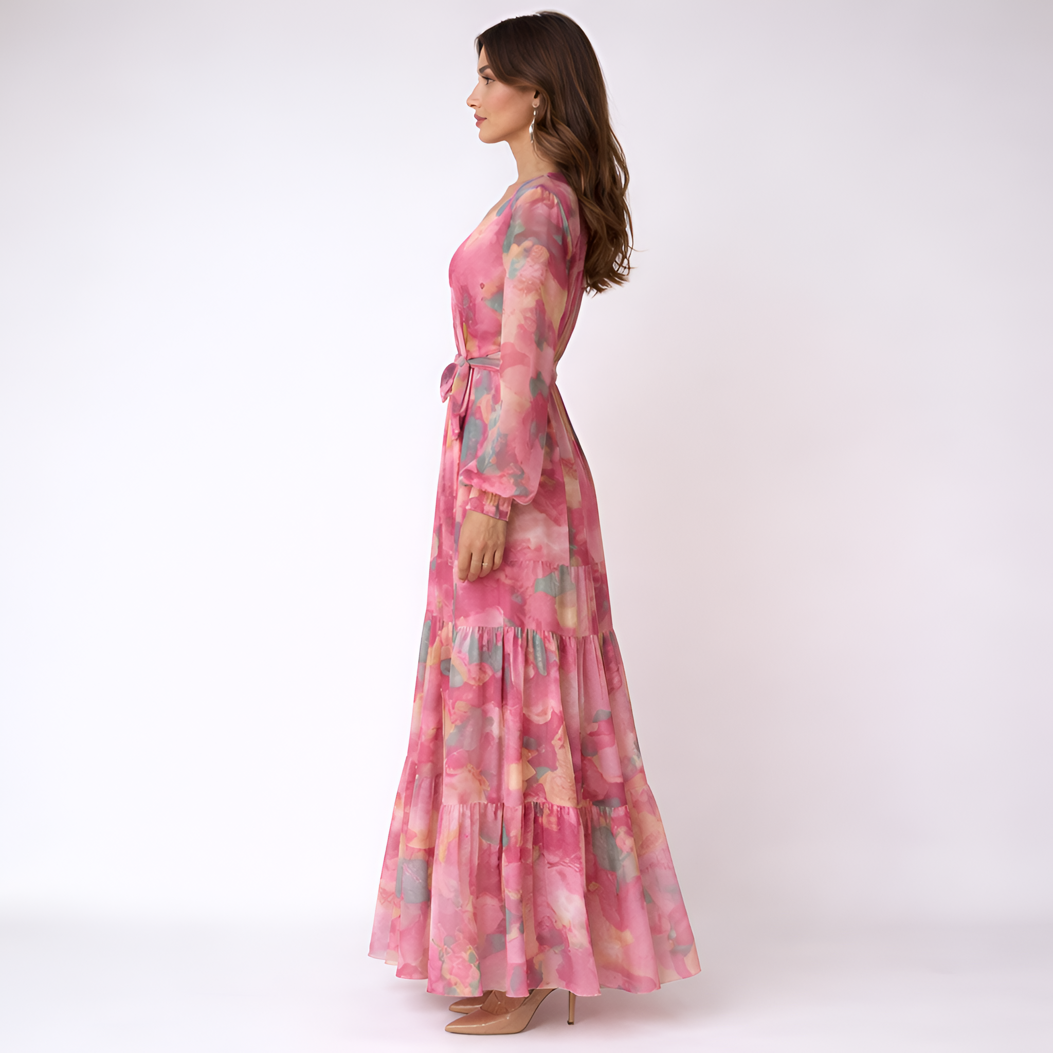 Assia - Robe longue bohème à fleurs, col en V et plis, coupe A élégante