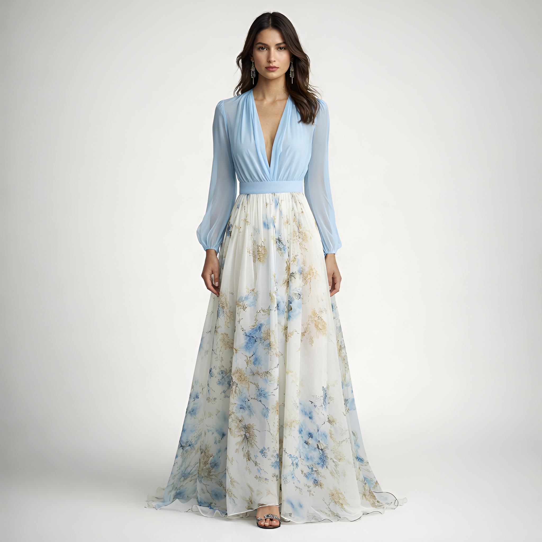 Lilou - Robe longue à manches longues et col en V à motif floral
