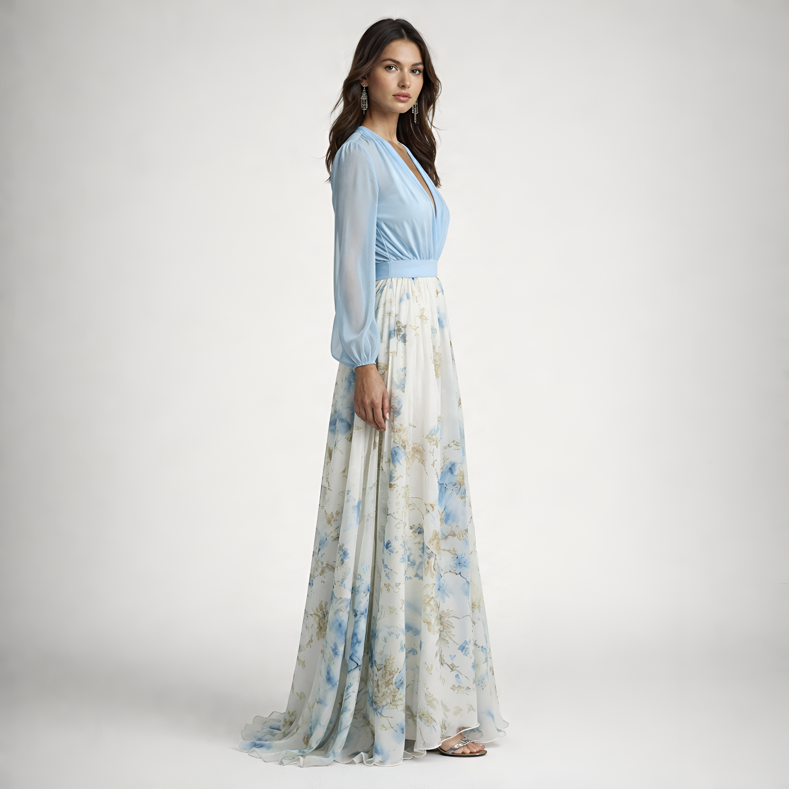Lilou - Robe longue à manches longues et col en V à motif floral