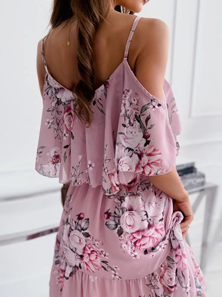 Robe Mini en Chiffon Floral – Style d'été Off-Shoulder pour Invitées de Mariage