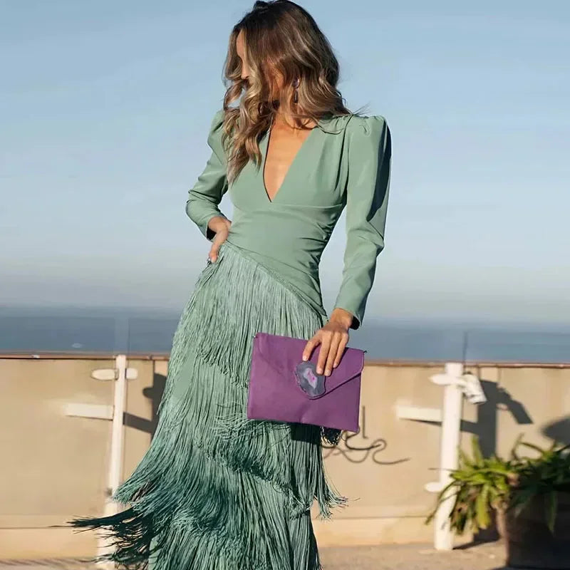 Robe Maxi Détail Frangé – Robe Élégante pour Occasions Spéciales pour Femmes