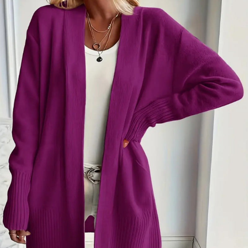 Cardigan Long Femme avec Poches et Manches Côtelées