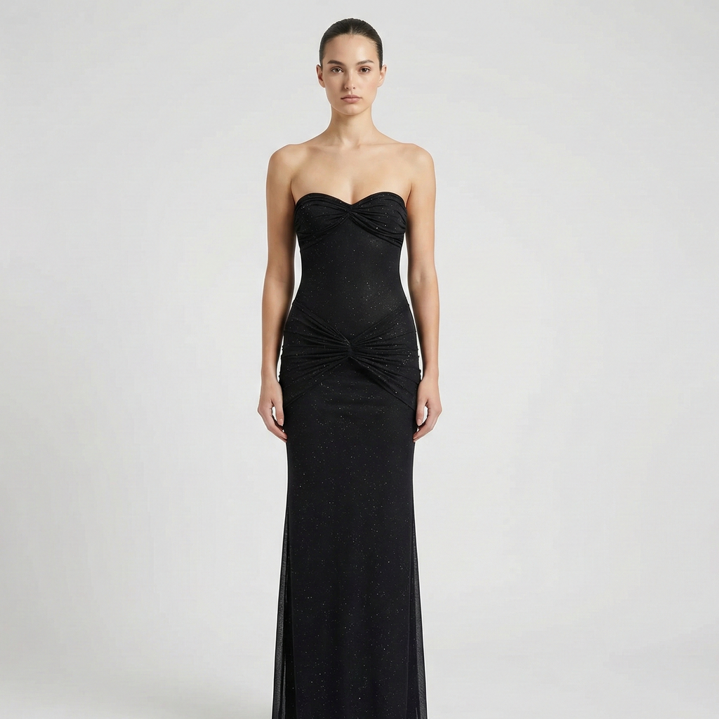Robe Maxi Shimmer Sans Bretelles – Robe de Soirée Drapée Élégante pour Femmes
