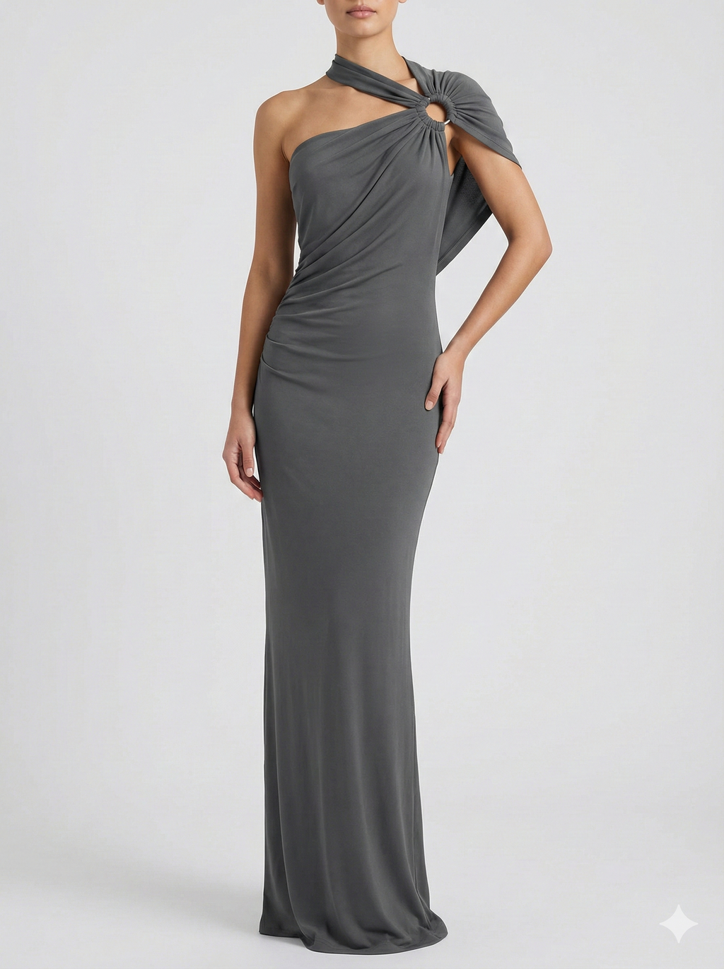 Robe Maxi Drapée à Épaule Unique avec Silhouette Sculptée