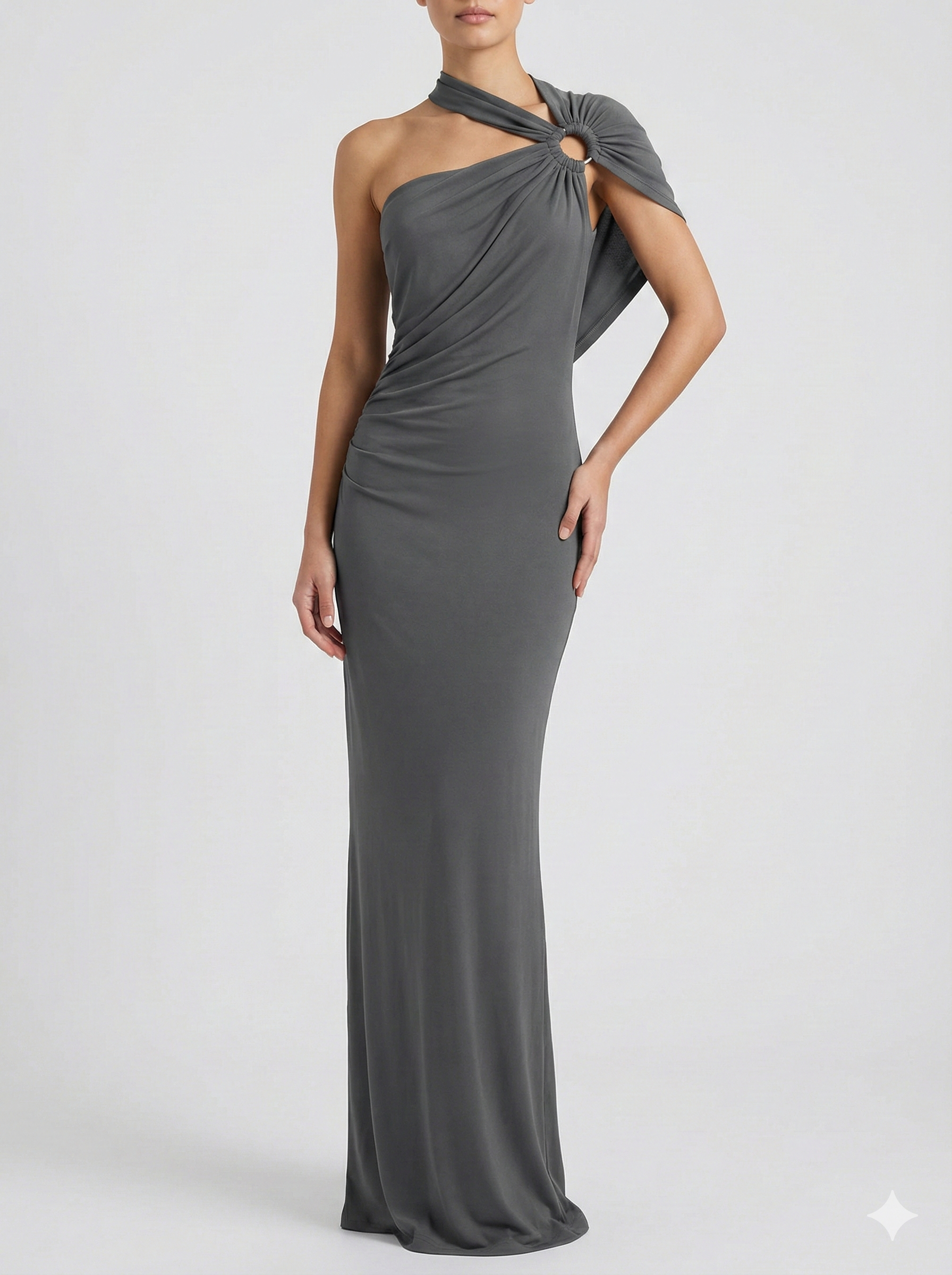 Robe Maxi Drapée à Épaule Unique avec Silhouette Sculptée