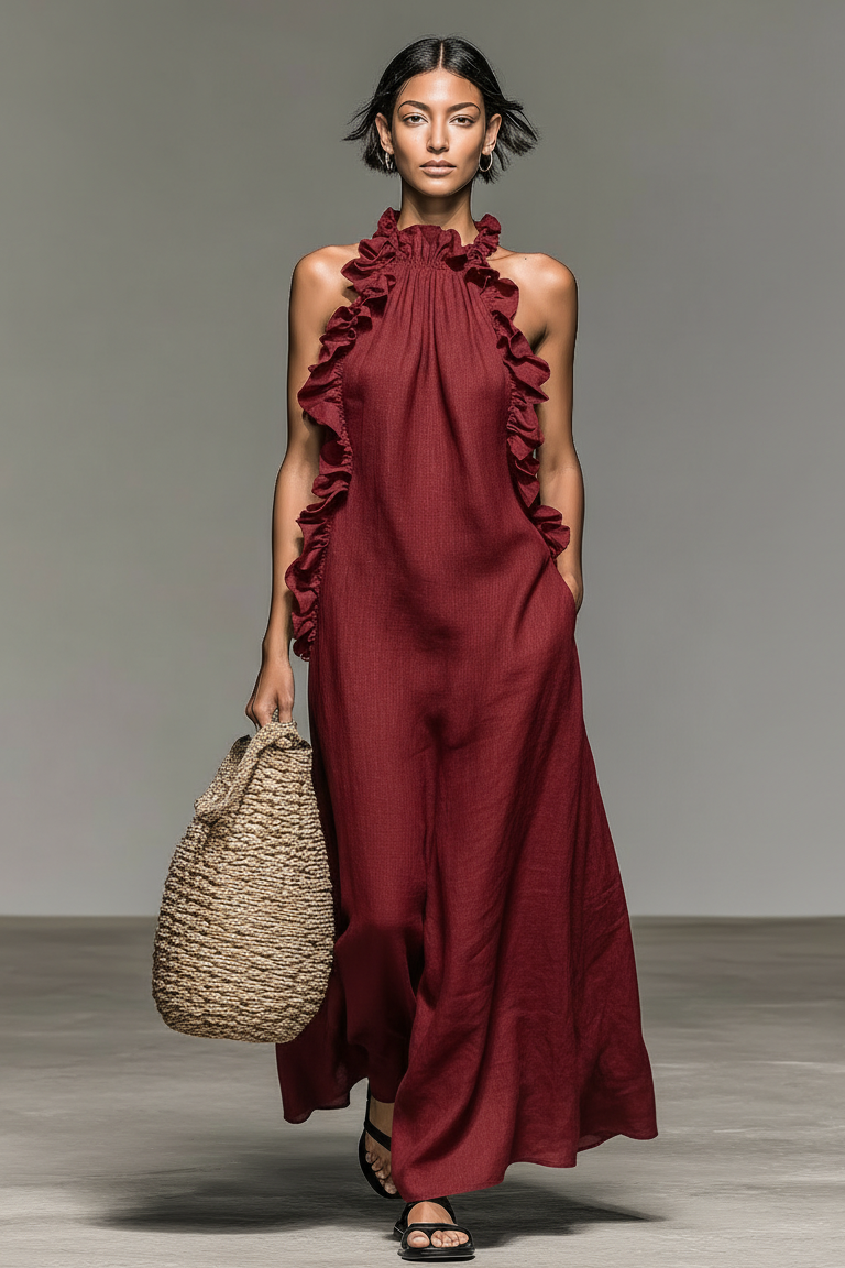 Robe maxi femme sans manches à volants avec poches