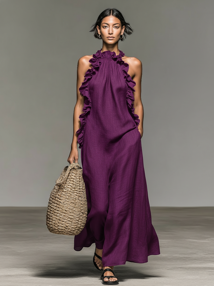 Robe Maxi Dames avec Volant Sans Manches d'Été