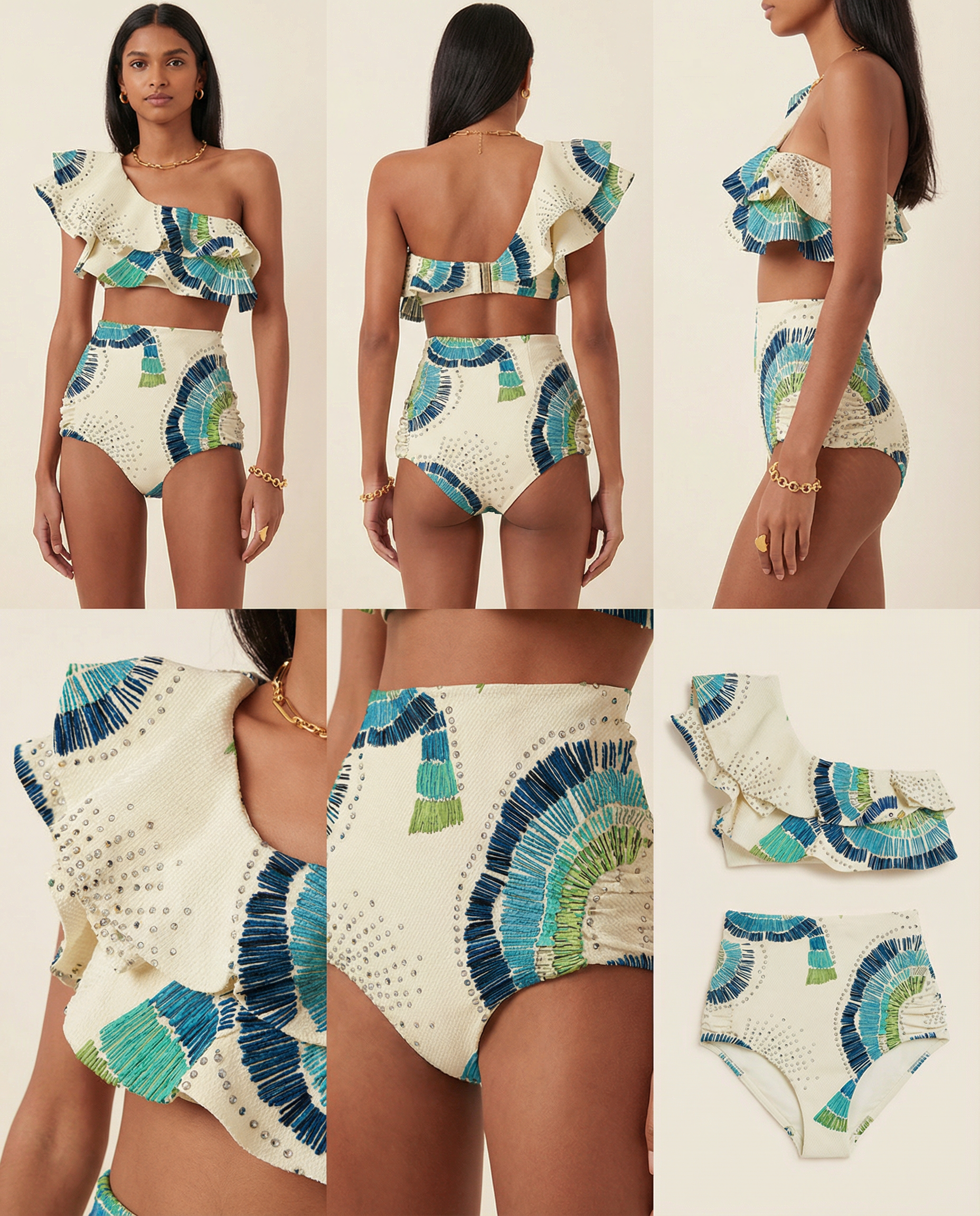 Ensemble de Bikini Taille Haute à Épaule Dénudée avec Détails Embellissants
