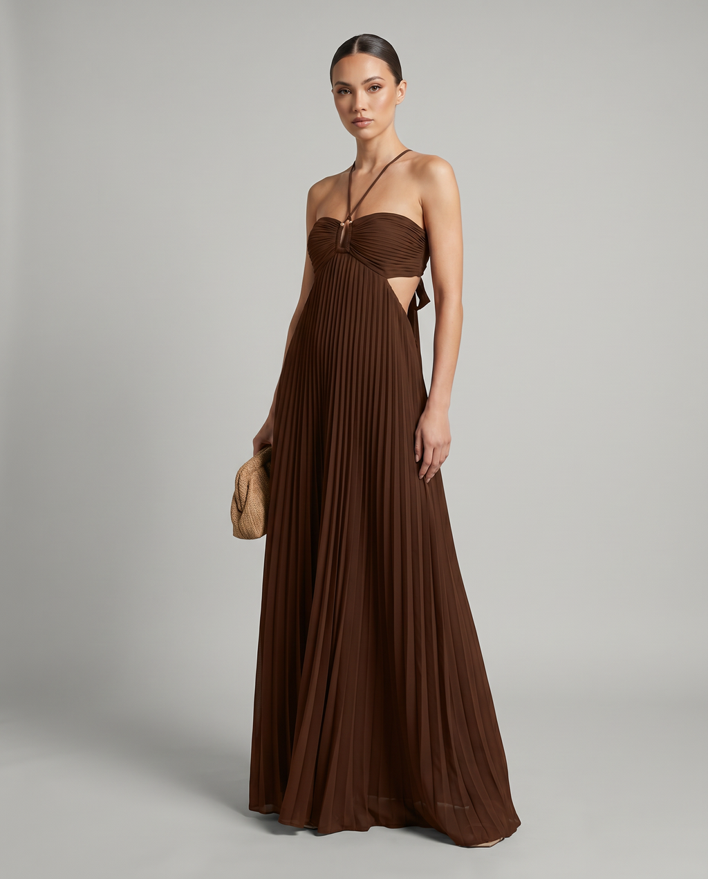 Robe Maxi à Col Halter Plissé avec Détail de Dos Ouvert