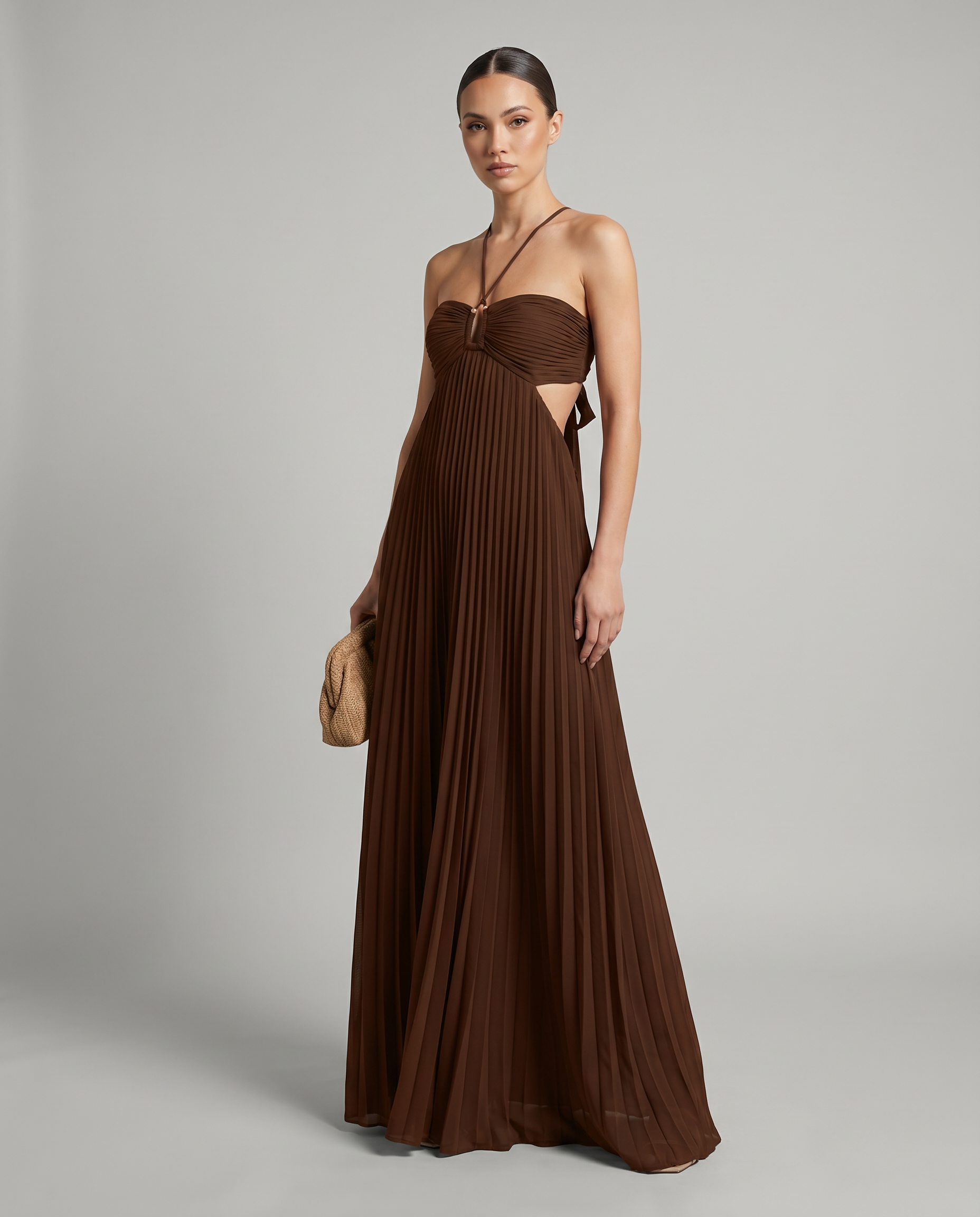Robe Maxi à Col Halter Plissé avec Détail de Dos Ouvert