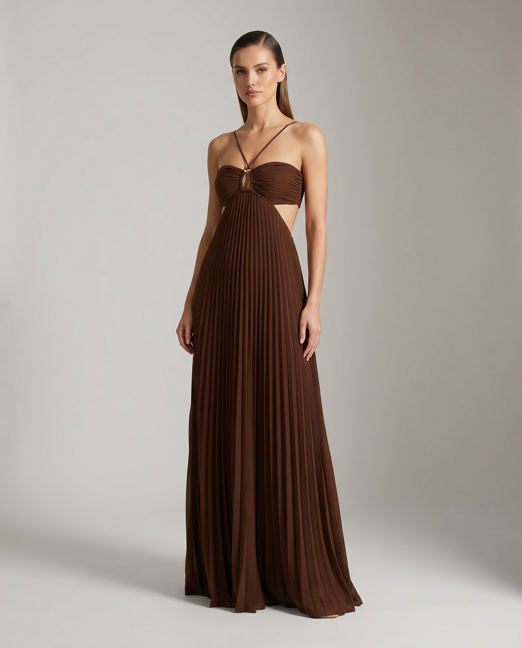 Robe Maxi à Col Halter Plissé avec Détail de Dos Ouvert
