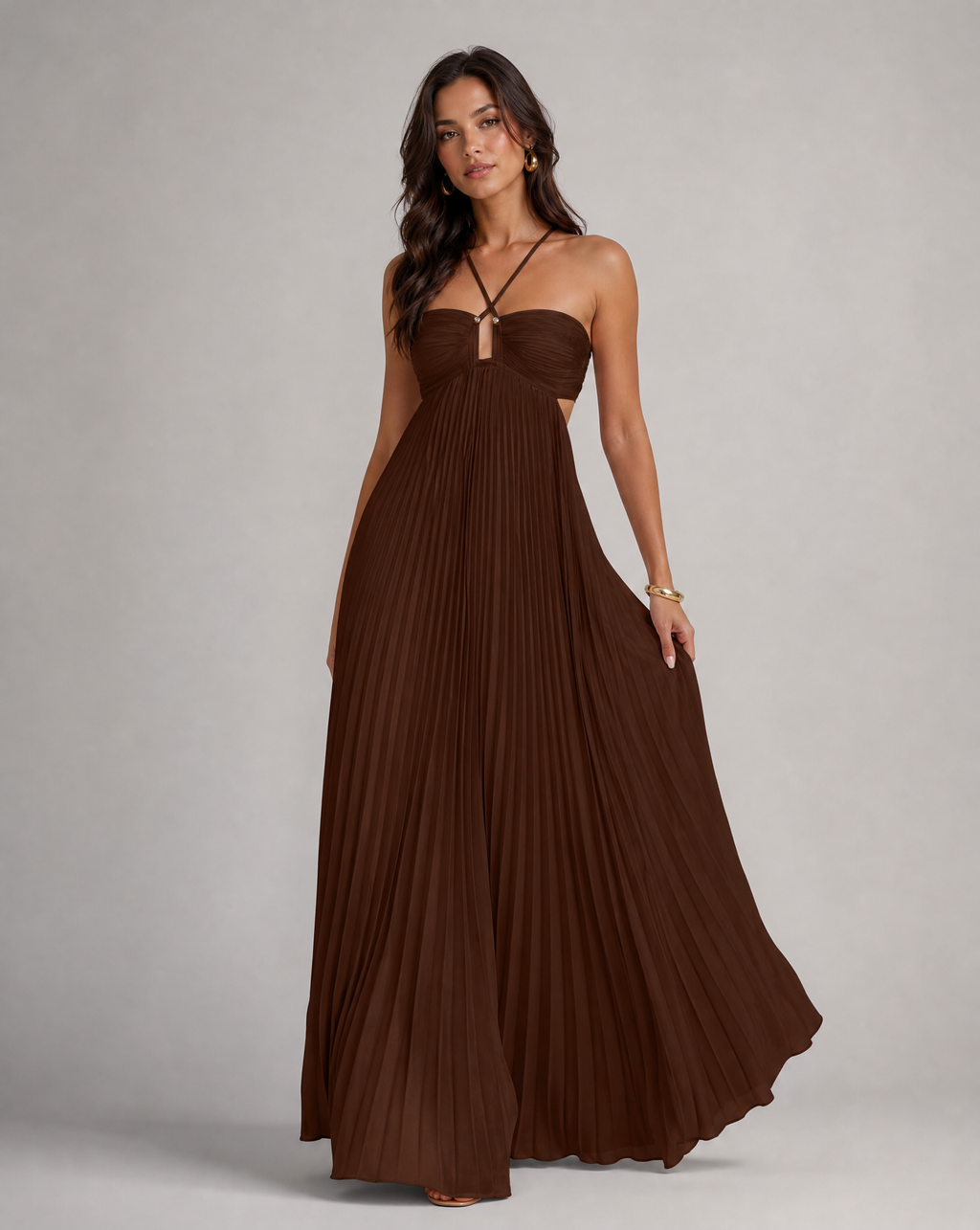 Robe Maxi à Col Halter Plissé avec Détail de Dos Ouvert