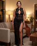 Robe Maxi Évasée Sans Manches en Dentelle avec Fente
