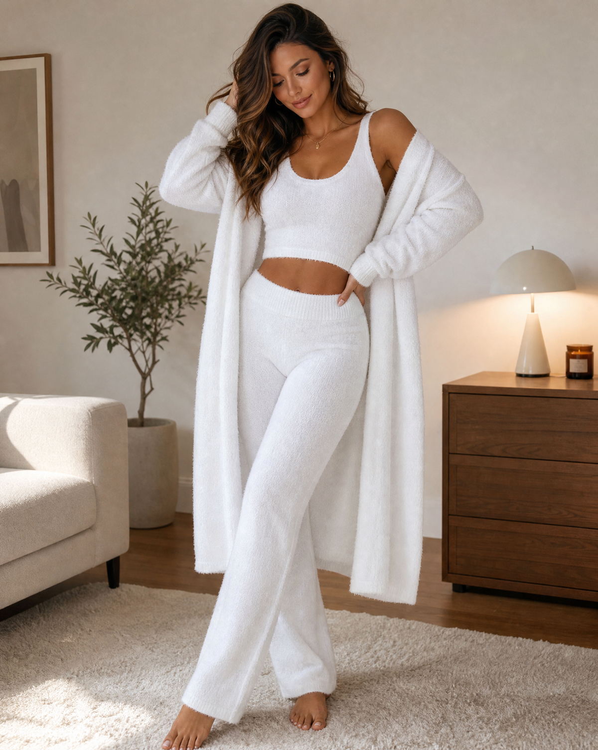 Ensemble Loungewear Femme avec Crop Top, Pantalon et Cardigan