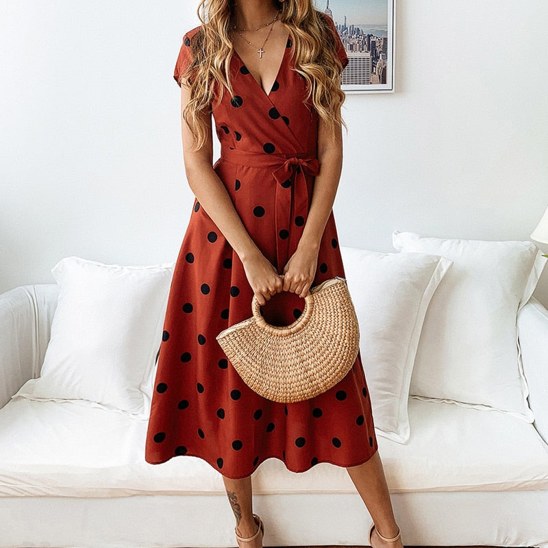 Juna | Robe Midi à Pois avec Décolleté en V et Ceinture pour Femmes