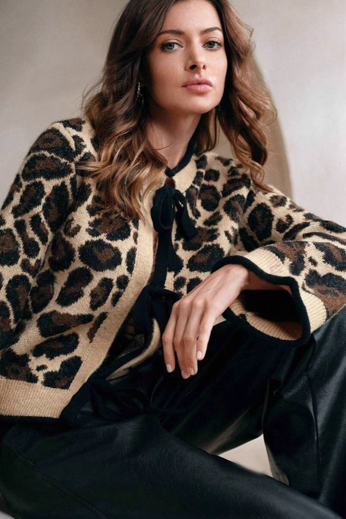 Amabel | Cardigan à manches longues à imprimé léopard avec nœud avant pour femmes