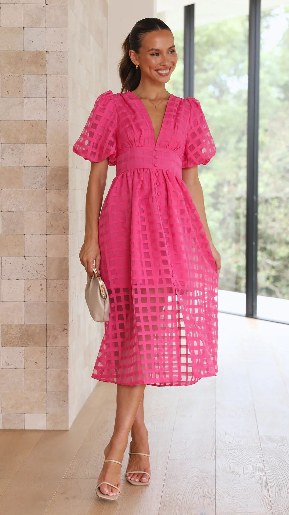 Bailey | Robe Midi à Manches Bouffantes Texturée pour Femme