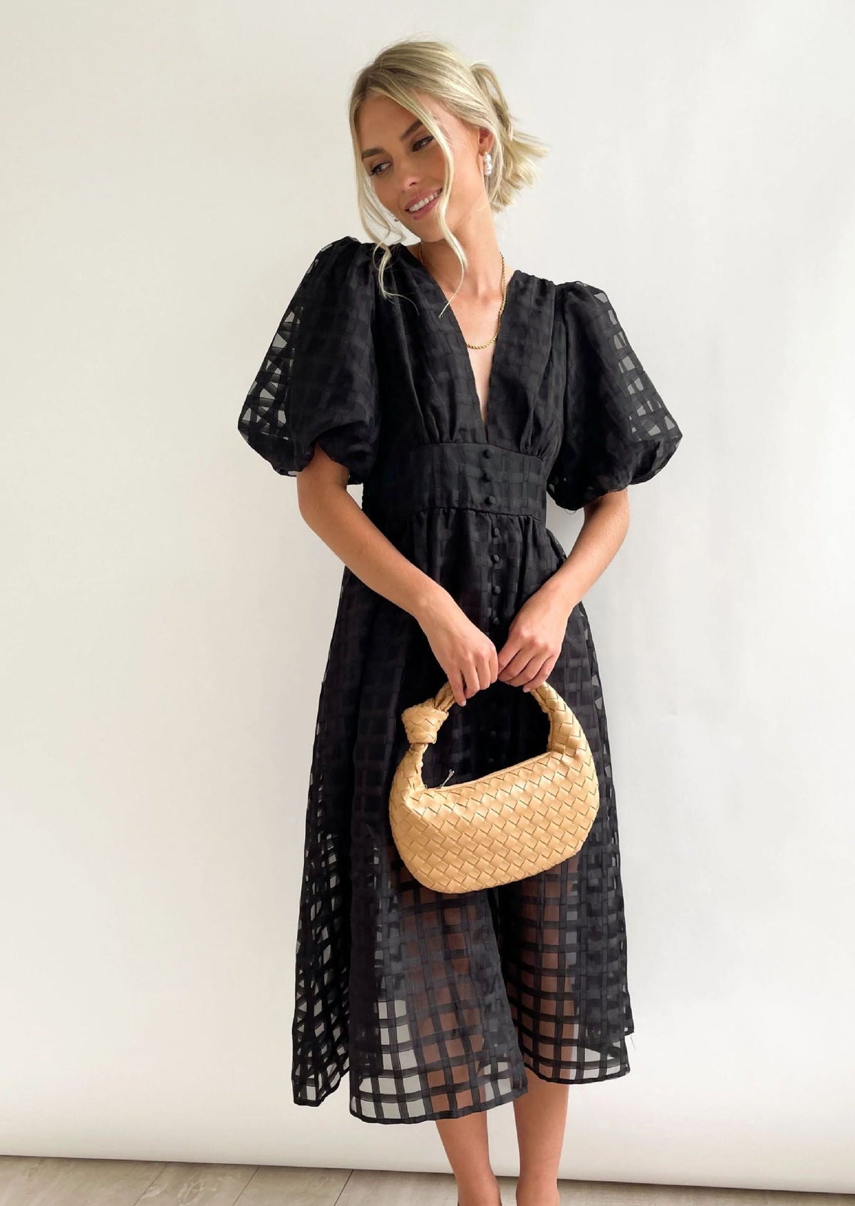 Bailey | Robe Midi à Manches Bouffantes Texturée pour Femme