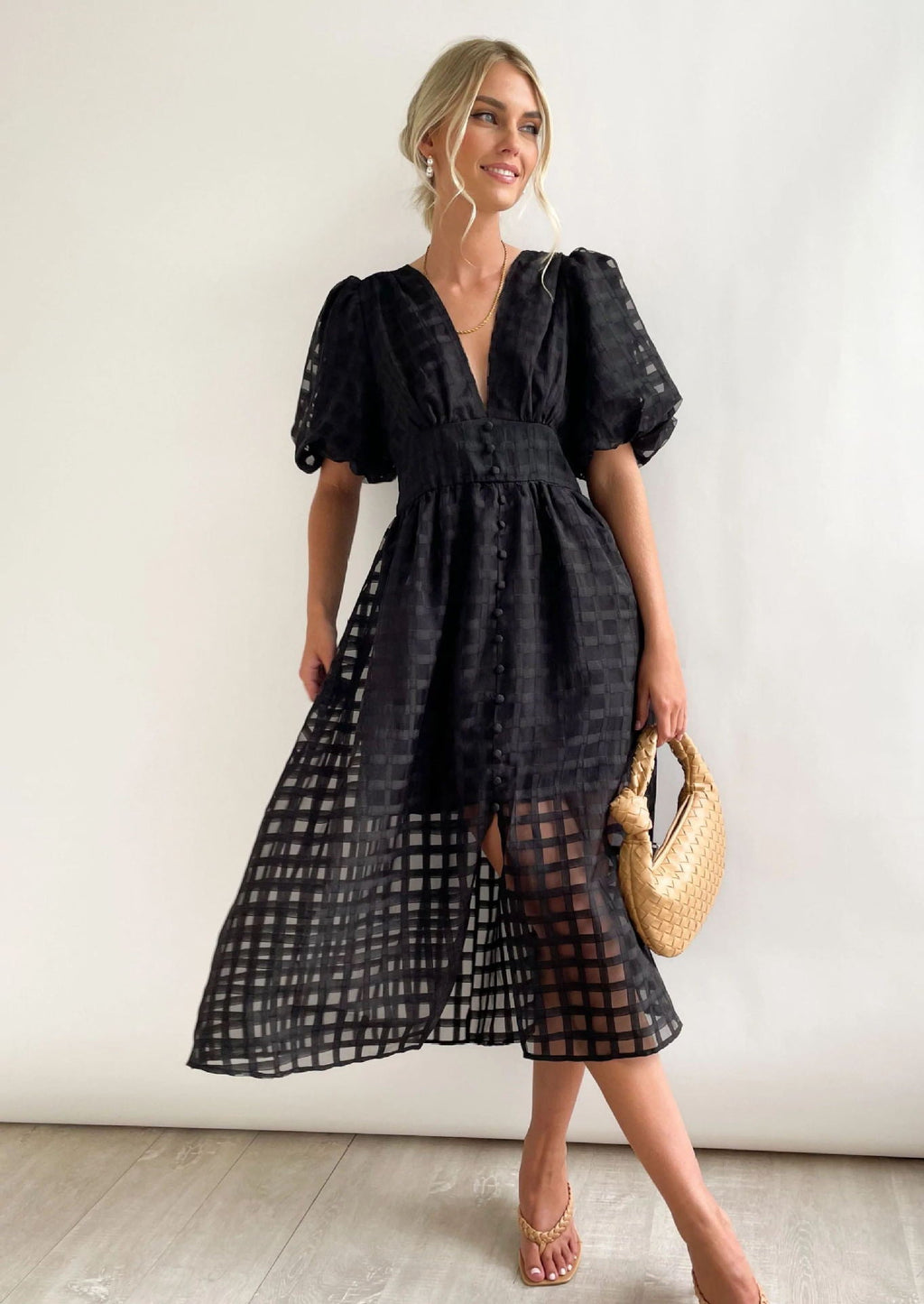 Bailey | Robe Midi à Manches Bouffantes Texturée pour Femme