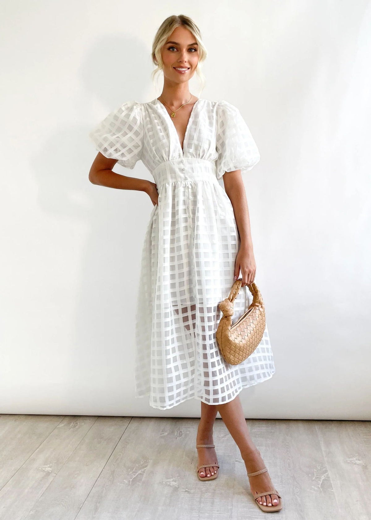 Bailey | Robe Midi à Manches Bouffantes Texturée pour Femme