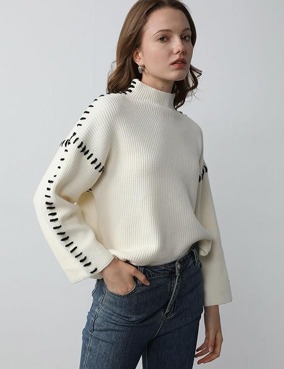 Blaise | Pull en tricot à col roulé à manches longues avec couture contrastée pour femmes