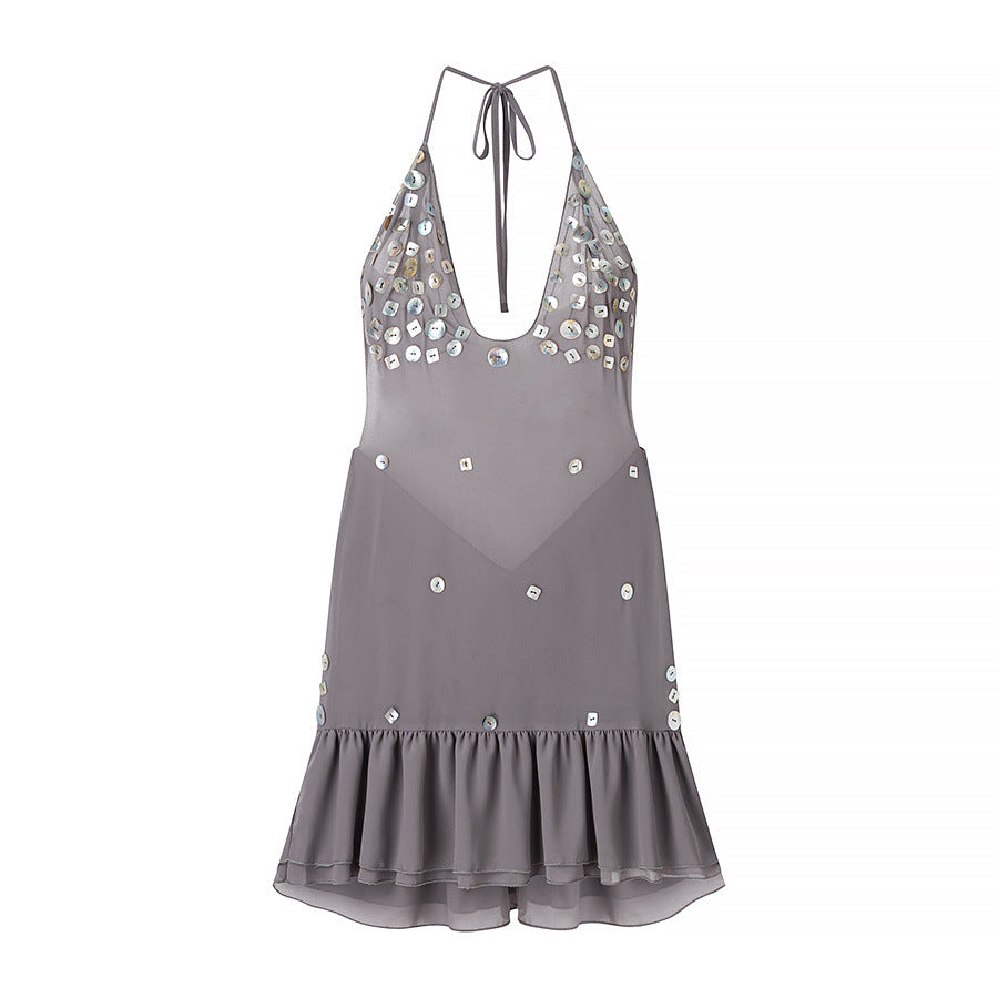 Cecilia | Robe de fête mini à sequins sans dos avec col halter pour femmes
