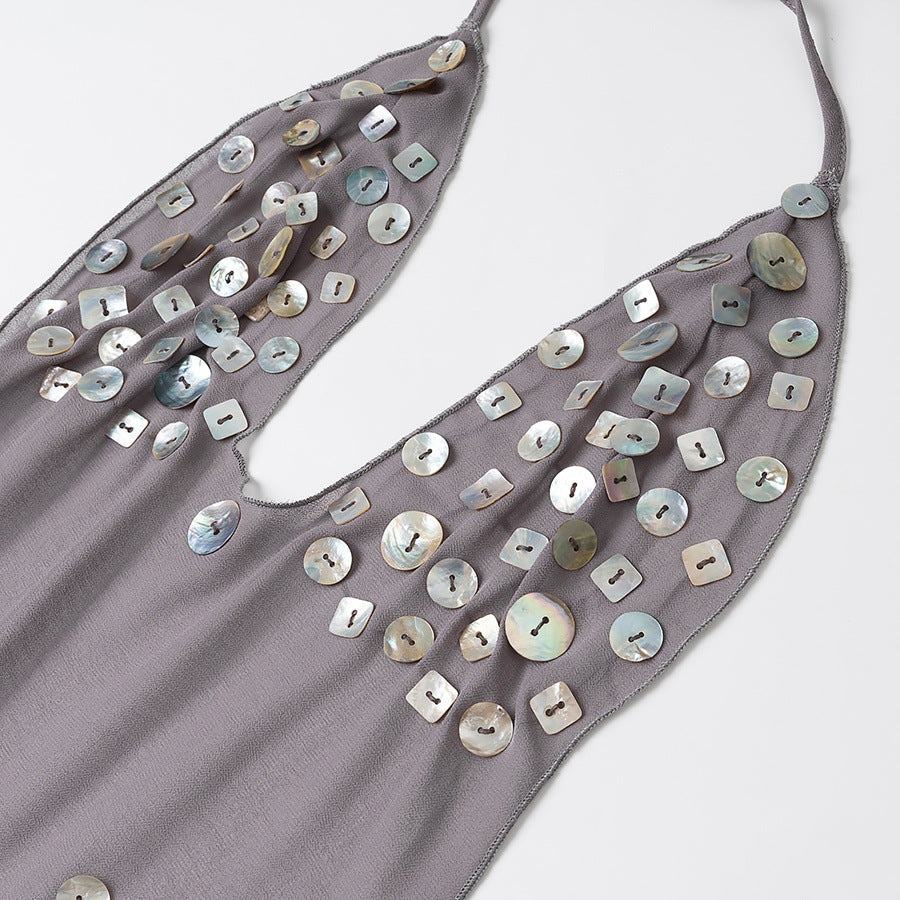 Cecilia | Robe de fête mini à sequins sans dos avec col halter pour femmes
