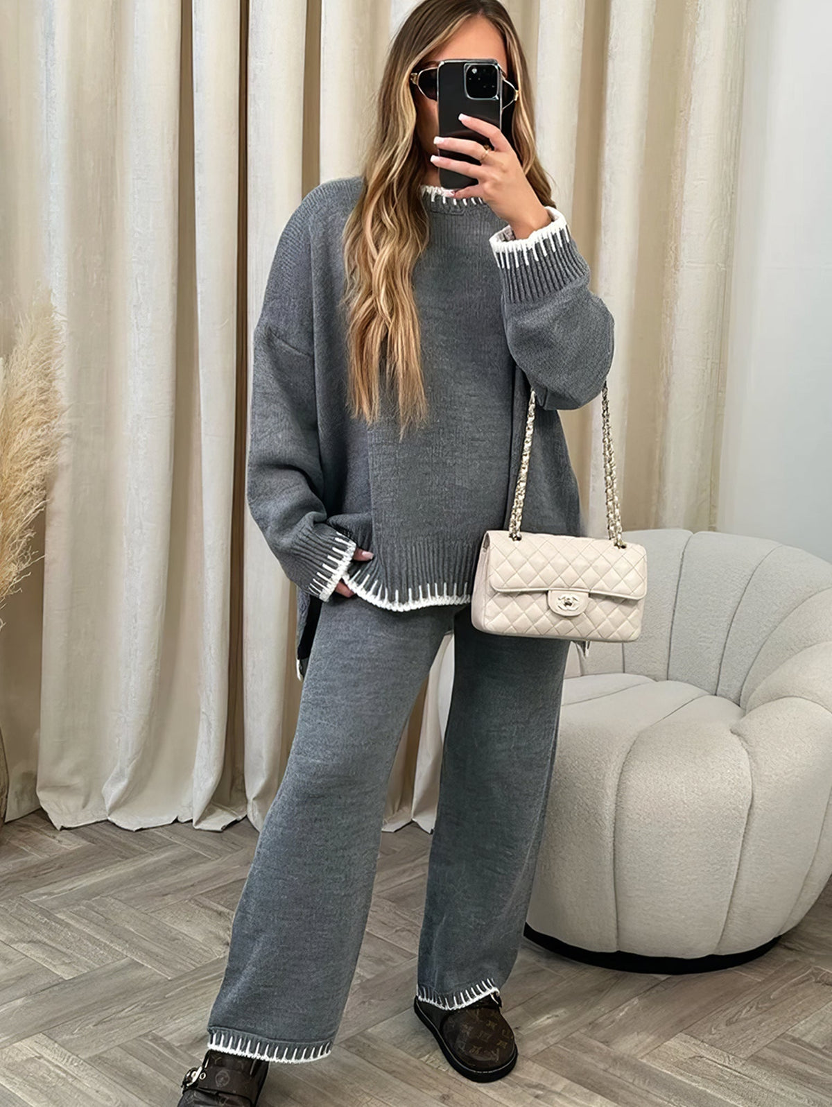 Chaya | Ensemble en tricot à manches longues avec col rond et finitions contrastées pour femmes