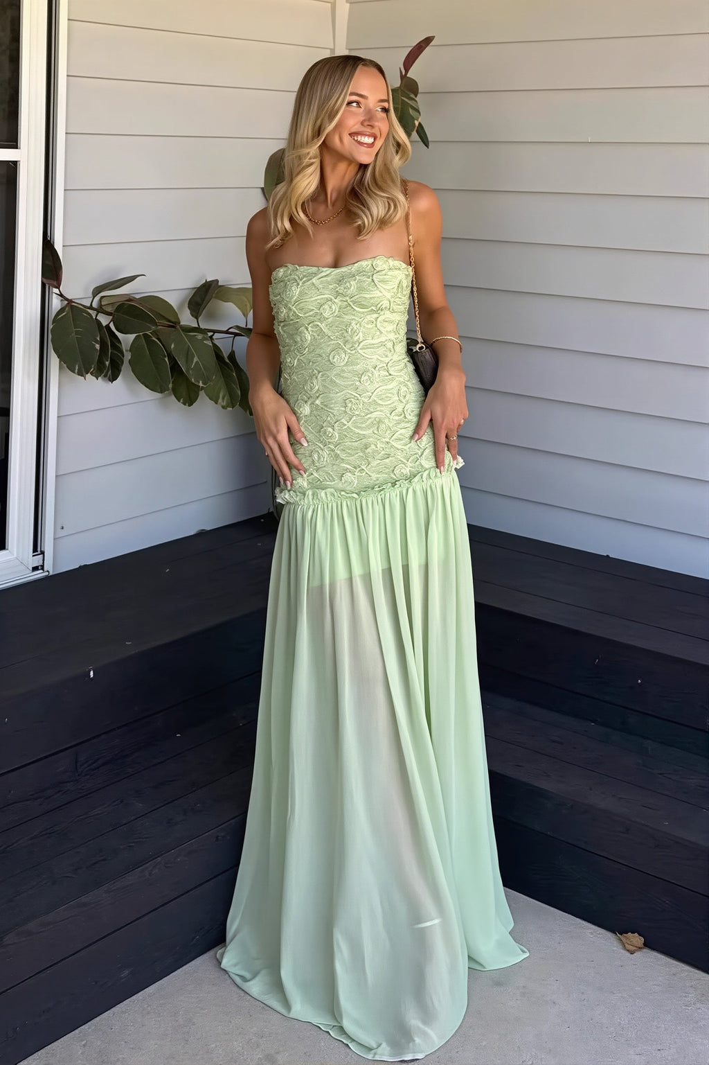 Cleo | Robe Maxi Chiffon sans Manches à Corsage Texturé Floral pour Femme