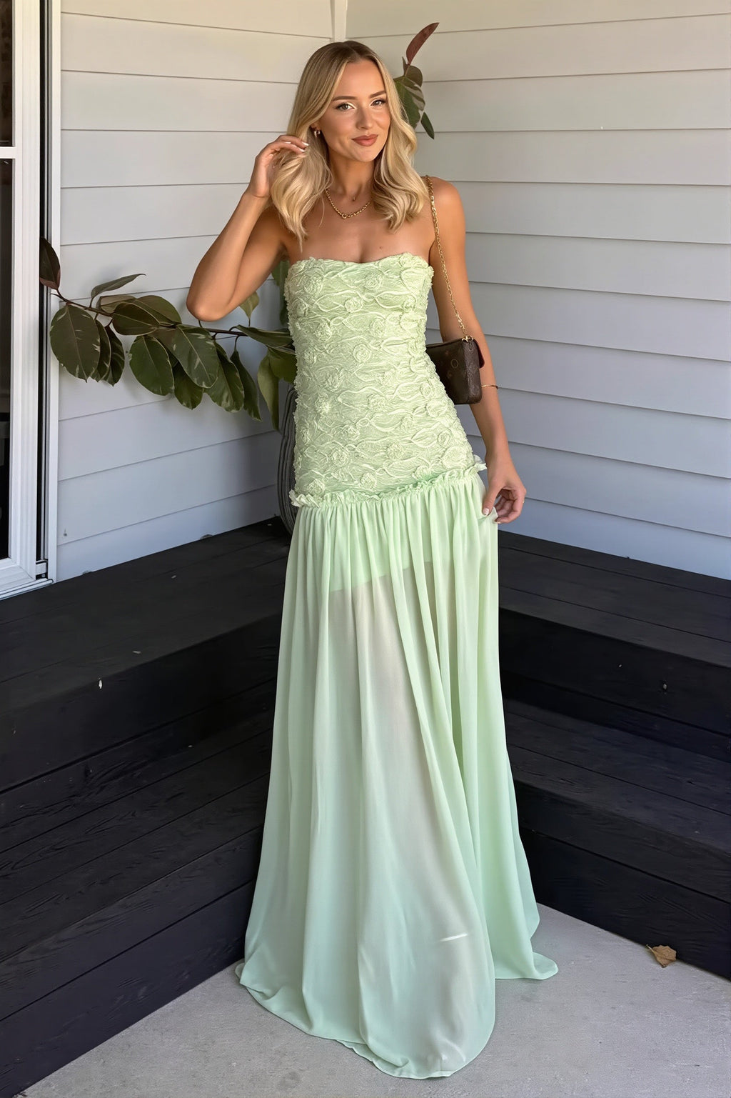 Cleo | Robe Maxi Chiffon sans Manches à Corsage Texturé Floral pour Femme