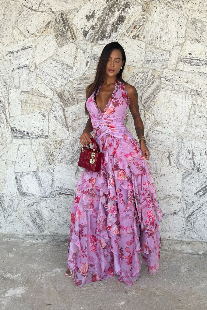Corail | Robe Maxi à Fleurs Sans Manches avec Volants pour Invitées de Mariage