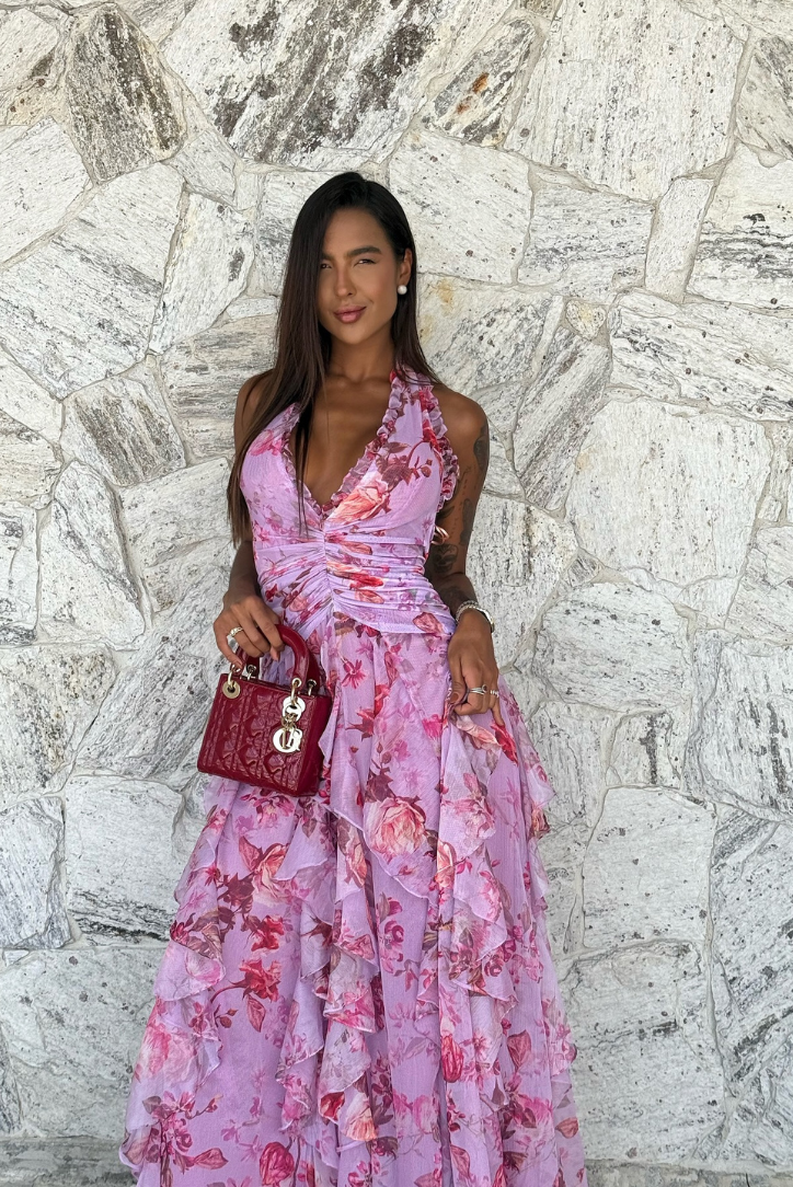 Corail | Robe Maxi à Fleurs Sans Manches avec Volants pour Invitées de Mariage