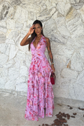Corail | Robe Maxi à Fleurs Sans Manches avec Volants pour Invitées de Mariage